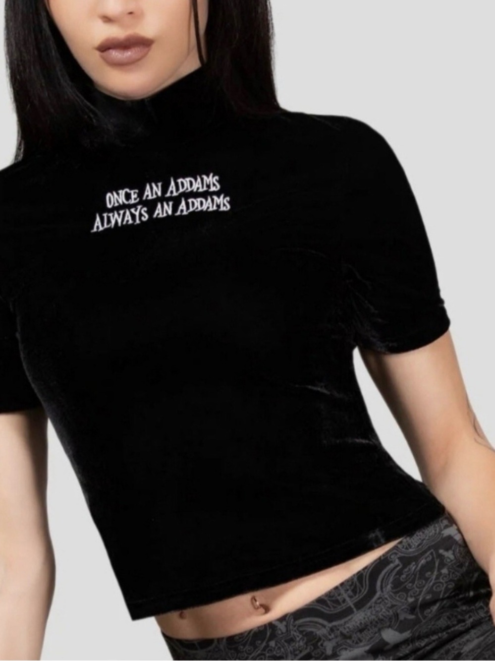 BNWT Killstar x Wednesday Black Velvet Mock-Neck Crop Top with White Embroidery